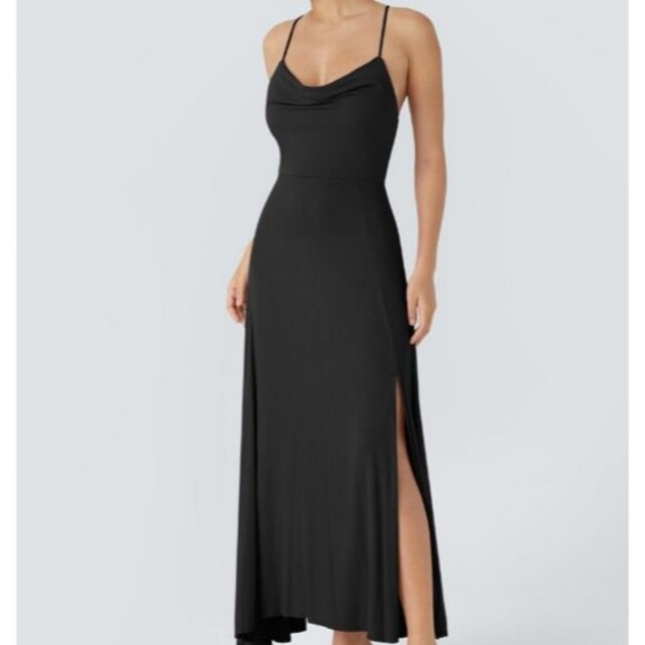 Halara Soft Stretchy Draped Neck Open Back Lace Up Padded Maxi Dress Size Large - Picture 3 of 11